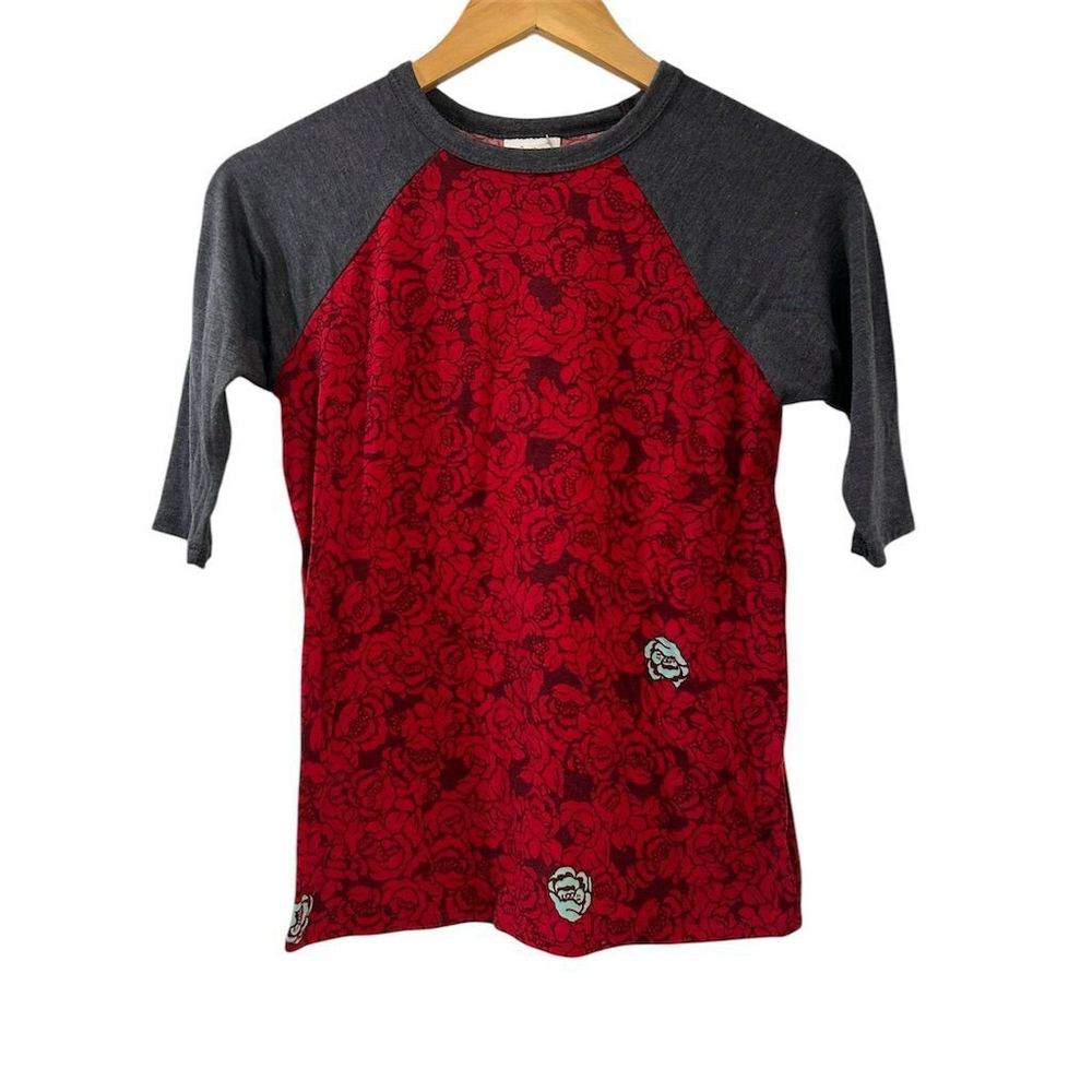 LuLaRoe Girls Red Gray Floral Raglan Sleeve Tee Size 10